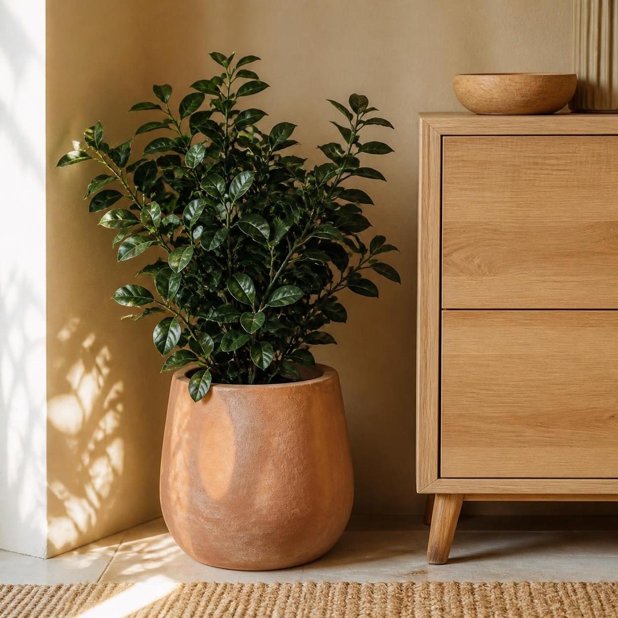Plante artificielle dans un cache-pot terracotta près d’un meuble en bois clair