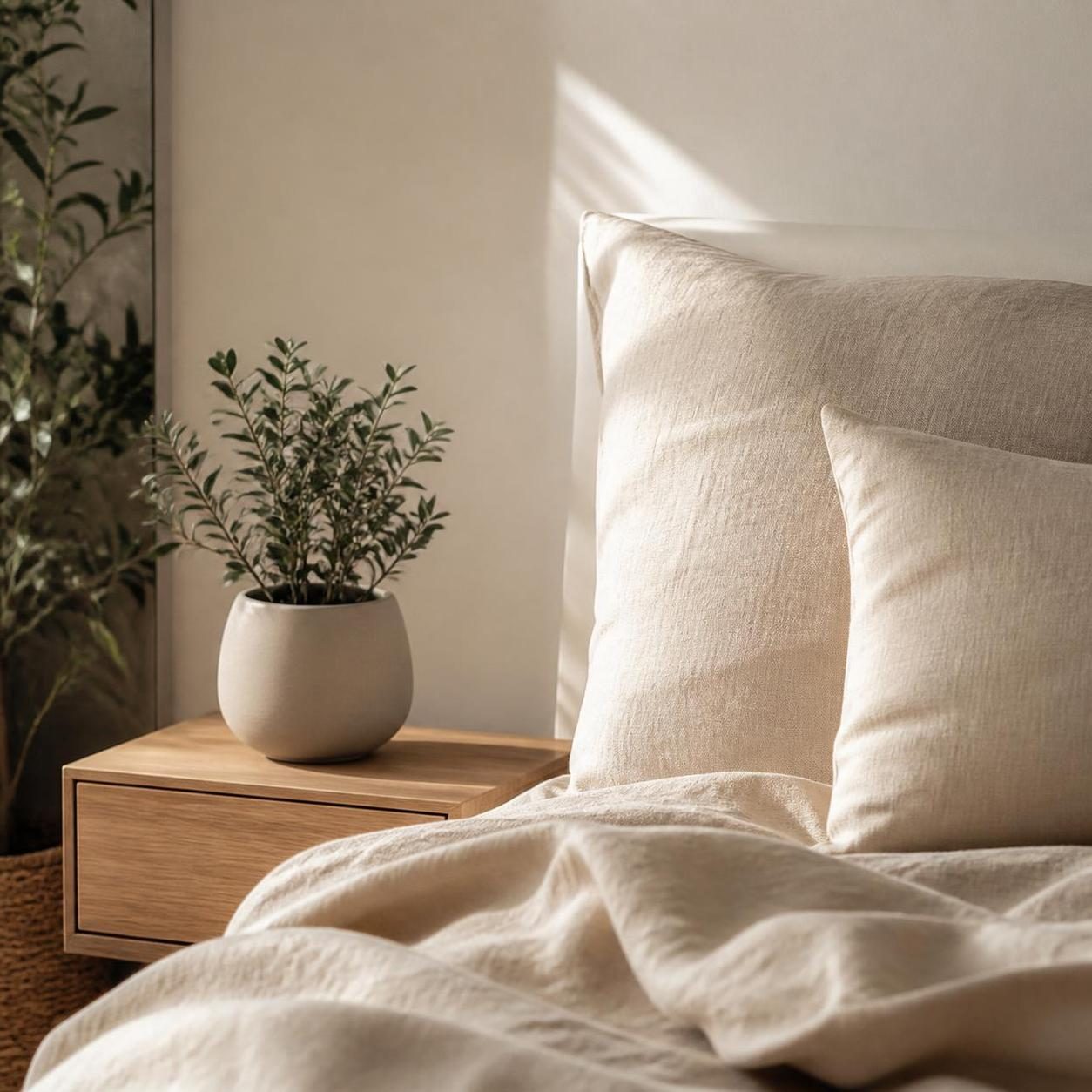 Petite plante artificielle sur une table de chevet dans une chambre apaisante