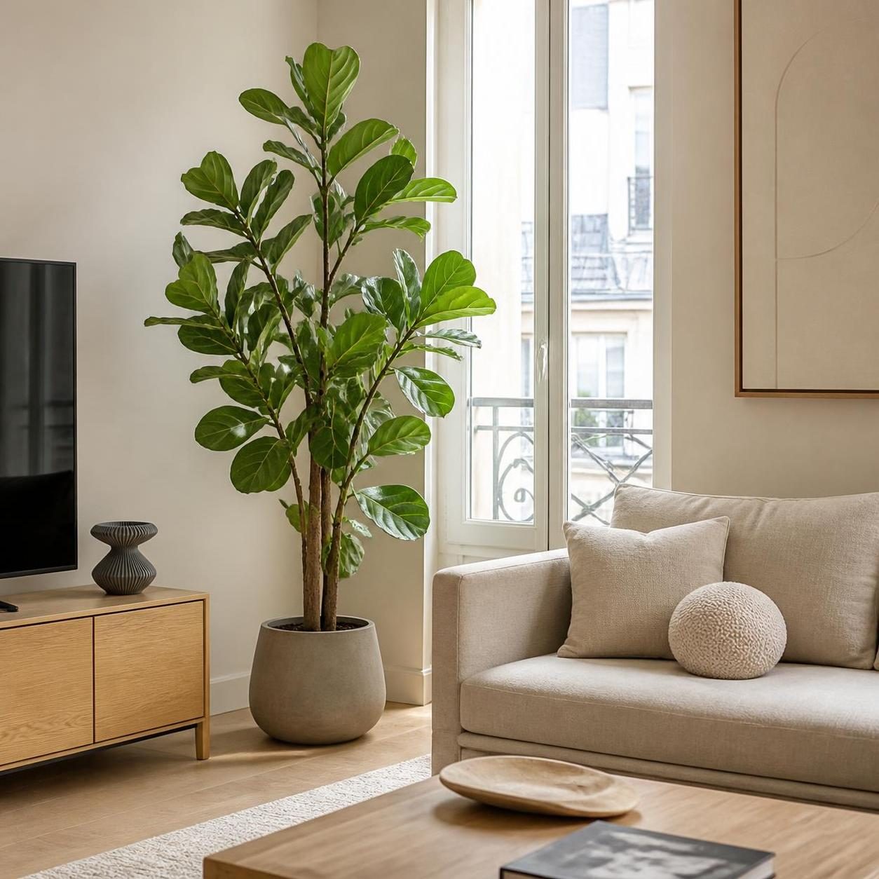 Grande plante artificielle dans le coin lumineux d’un petit appartement