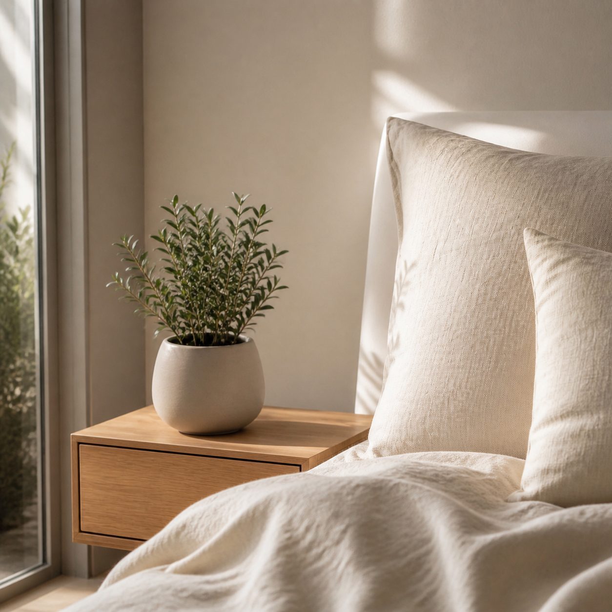 Petite plante artificielle en pot sur une table de chevet en bois dans le coin nuit d’un studio étudiant