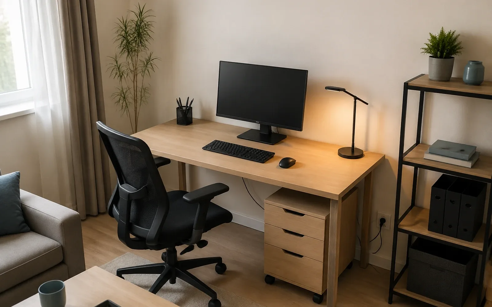 Coin télétravail compact avec une plante artificielle latérale sans encombrer l’écran, le clavier ni la souris