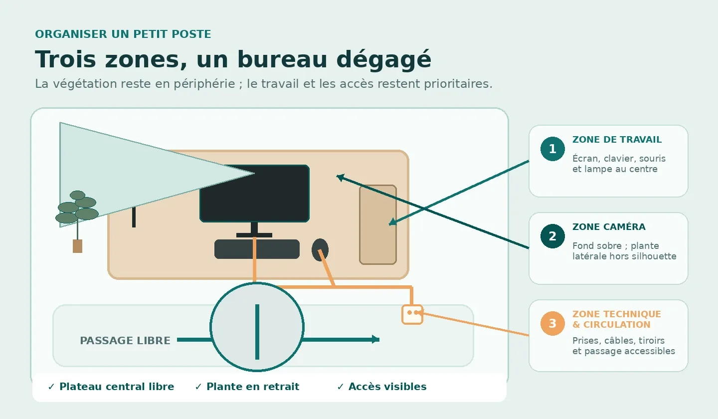 Schéma des zones de travail, de caméra et de circulation dans un coin télétravail végétalisé