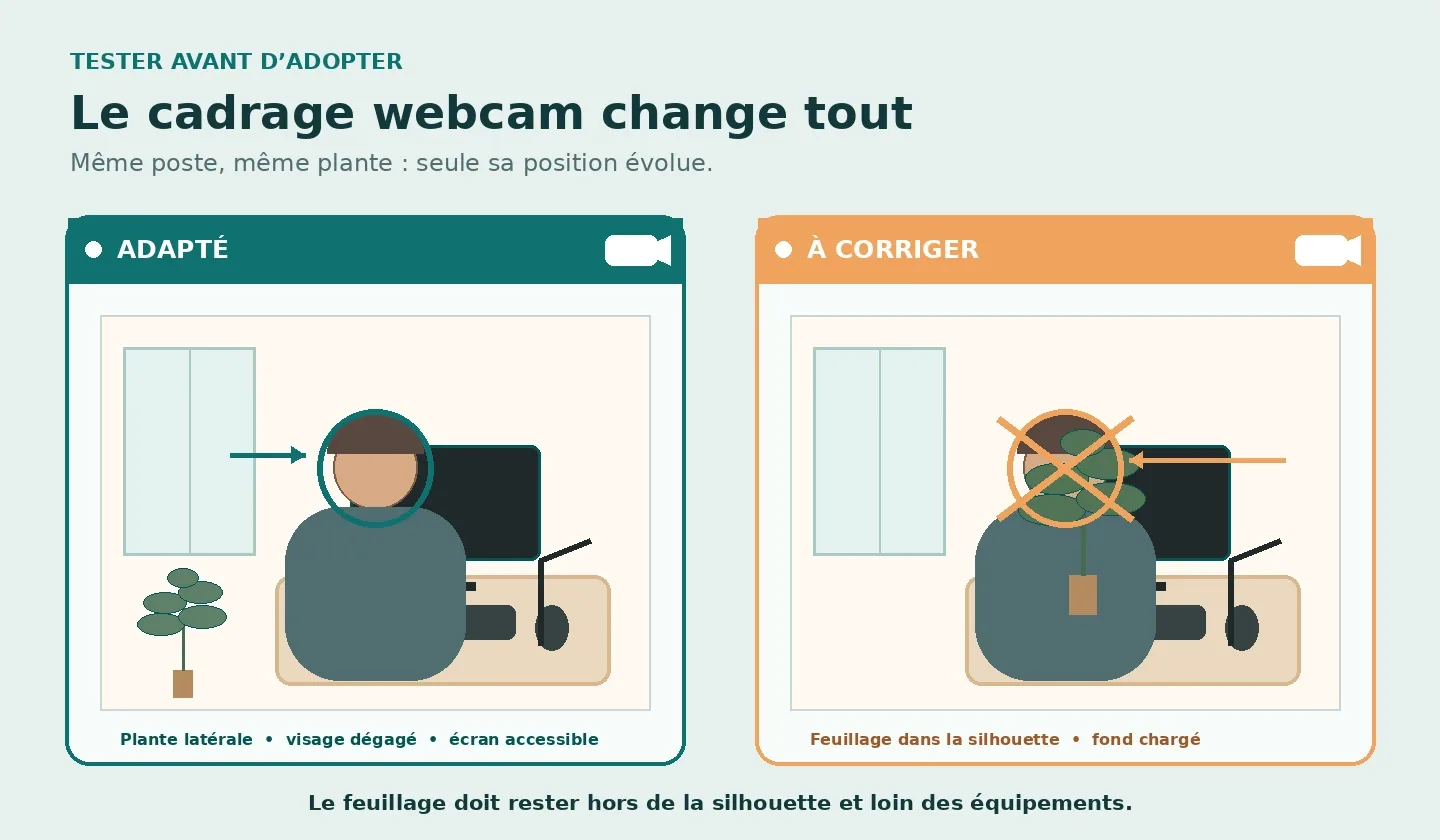 Comparaison de deux cadrages webcam avec une plante artificielle bien placée ou trop présente dans l’arrière-plan