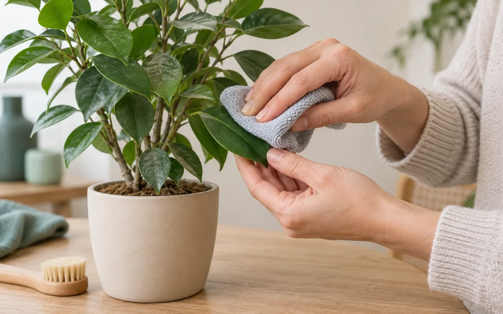 Dépoussiérage à sec d'une plante artificielle avec une microfibre douce, en soutenant la feuille.
