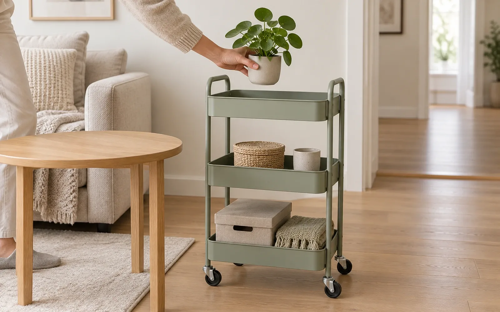 Main retirant une petite plante artificielle d’une desserte immobile avant son déplacement, avec roues visibles et trajet dégagé.