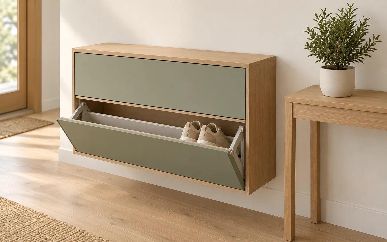 Meuble à chaussures au dessus vide avec un seul abattant ouvert et une paire de chaussures, à côté d’une plante artificielle posée sur une console séparée.