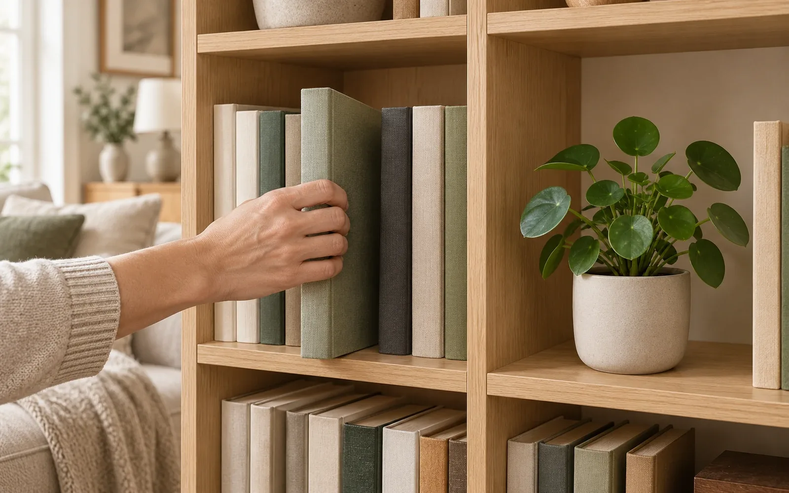 Une main saisit un livre au milieu du dos dans une bibliothèque en bois clair, à côté d’une petite plante artificielle en pot beige placée dans une case séparée.